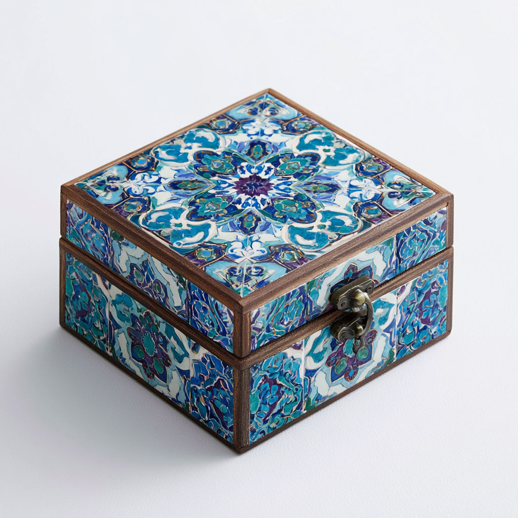 Joyeros - Madera-Metal - 19x19x10 cm - Turquesa-Azul-Blanco-Marron - Mosaico Floral