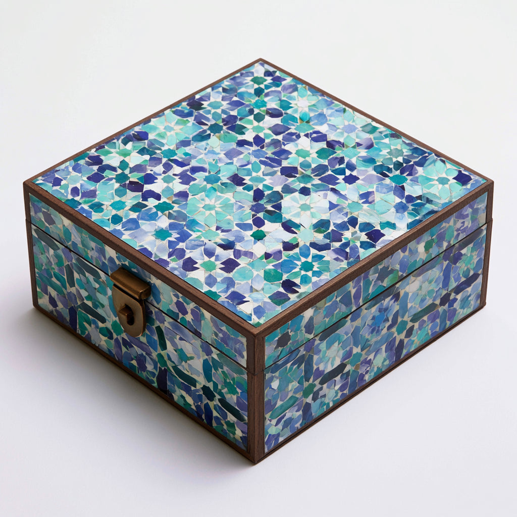 Joyeros - Madera-Metal - 21x21x10 cm - Turquesa-Azul-Blanco-Marron - Mosaico Claro