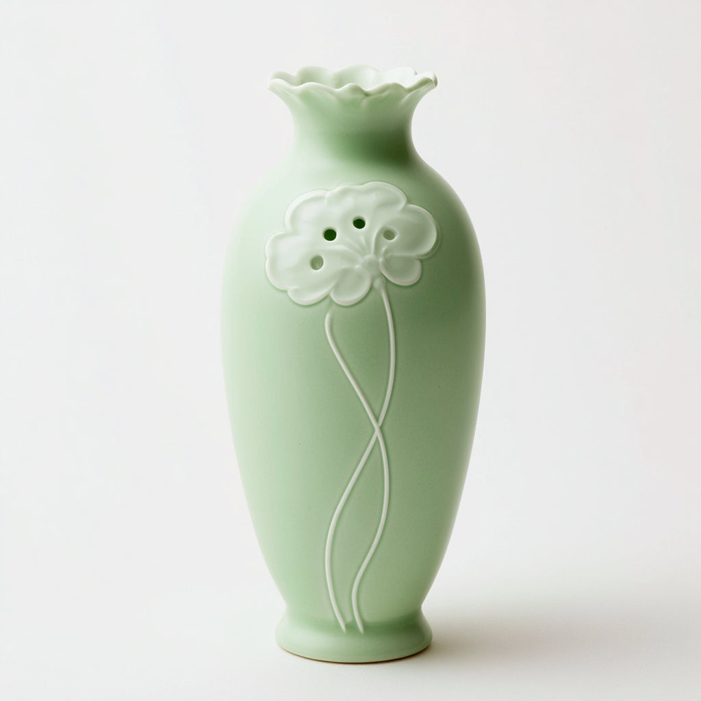 Jarrones - Porcelana - 20x20x38 cm - Verde claro-Blanco - Floral ondulado