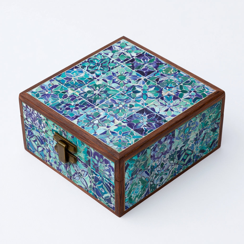 Joyeros - Madera-Metal - 20x20x11 cm - Turquesa-Azul-Verde-Marron - Mosaico Floral